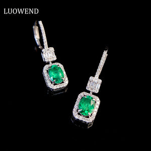 LUOWEND 18K White Gold Real Natural Emerald and Diamond Gemstone Earrings for Women
