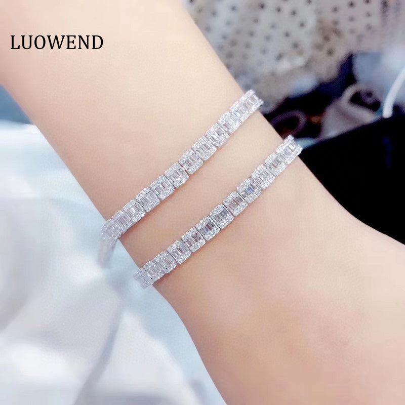 LUOWEND 18K White Gold Real Natural Diamond Bracelet for Women