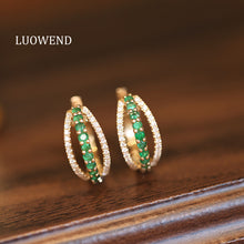 Load image into Gallery viewer, LUOWEND 18K Yellow Gold Fine Jewelry Natural Emerald Earrings for Women
