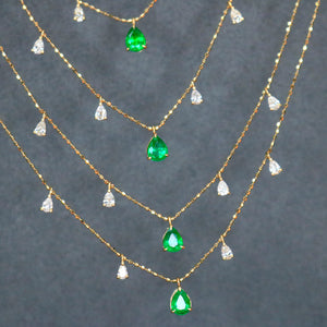LUOWEND 18K Yellow Gold Real Natural Emerald and Diamond Gemstone Necklace for Women