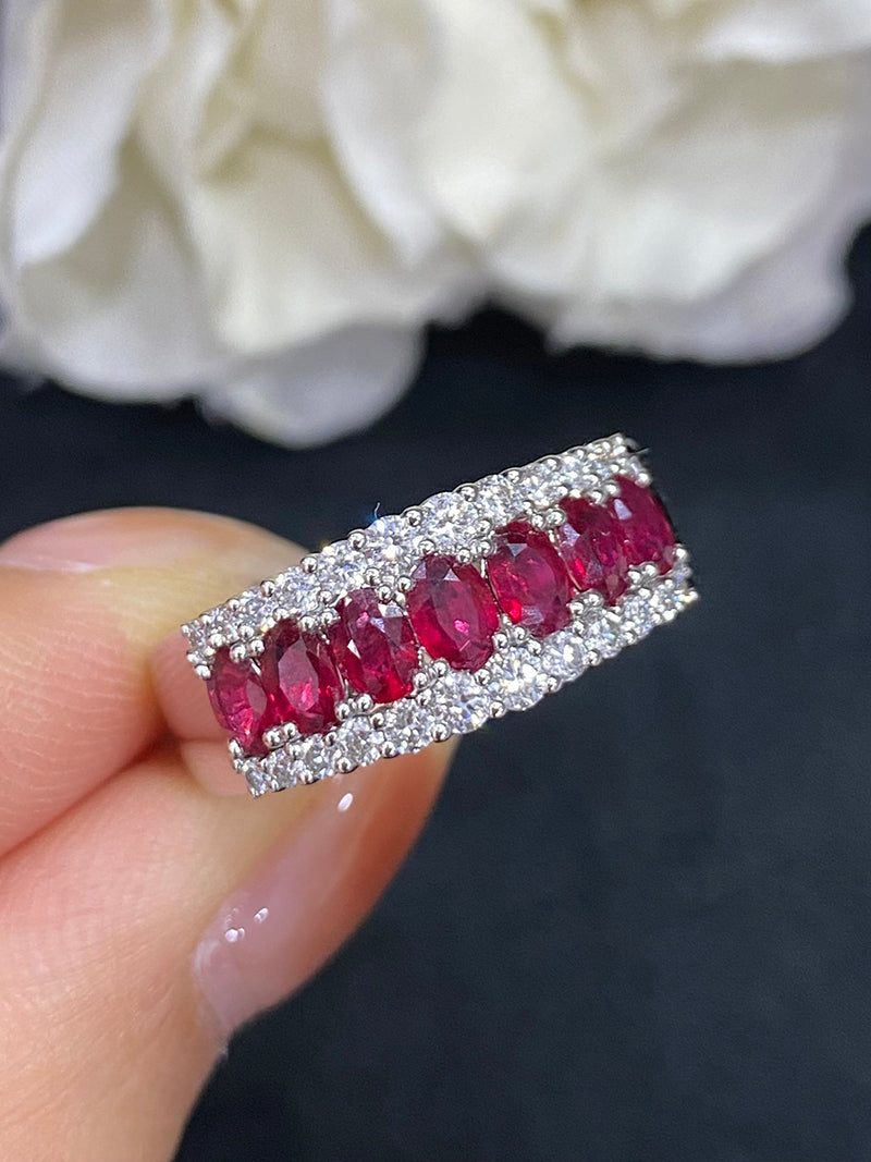 LUOWEND 18K White Gold Real Natural Ruby and Diamond Gemstone Ring for Women