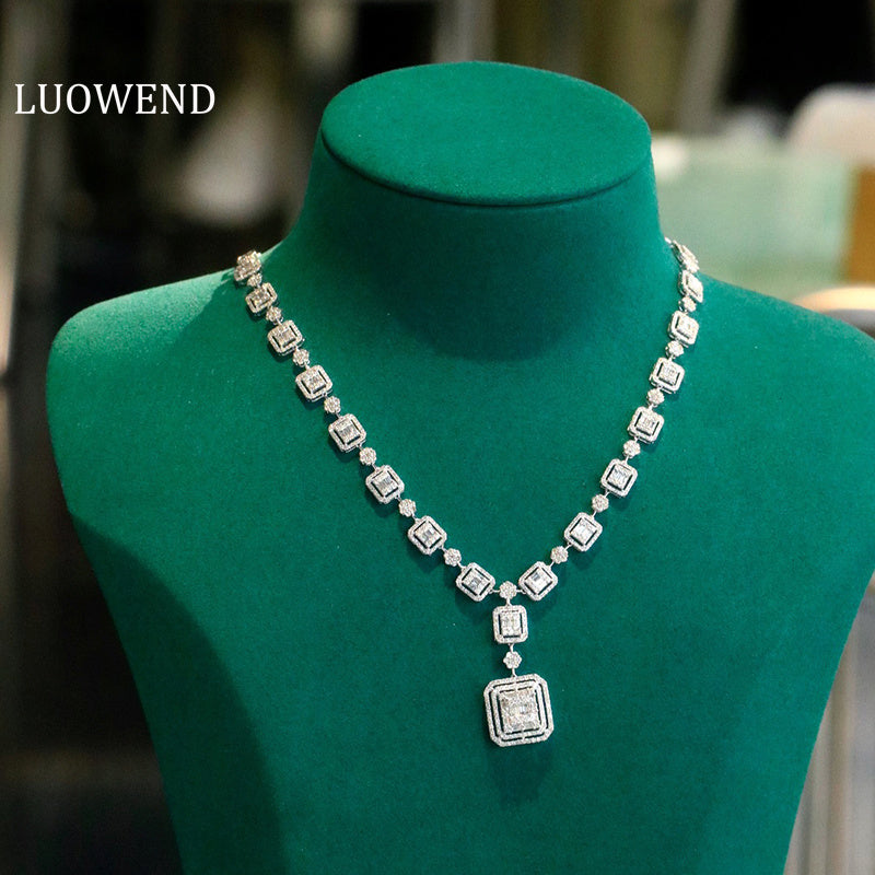 LUOWEND 18K White Gold Real Natural Diamond Necklace for Women