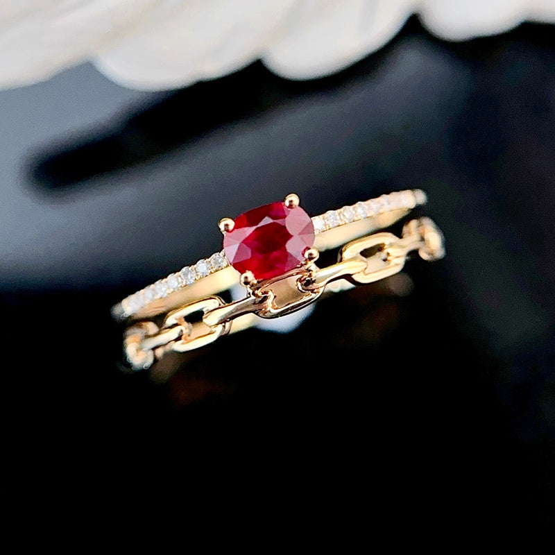 LUOWEND 18K Yellow Gold Real Natural Ruby and Diamond Gemstone Ring for Women