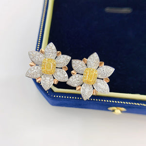 LUOWEND 18K White Gold Real Natural Yellow Diamond Stud Earrings for Women