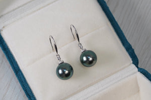 LUOWEND 18K White Gold Real Natural Tahiti Black Pearl Earrings for Women