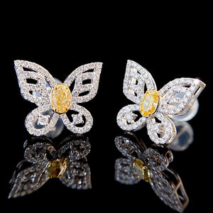 LUOWEND 18K White Gold Real Natural Yellow Diamond Stud Earrings for Women