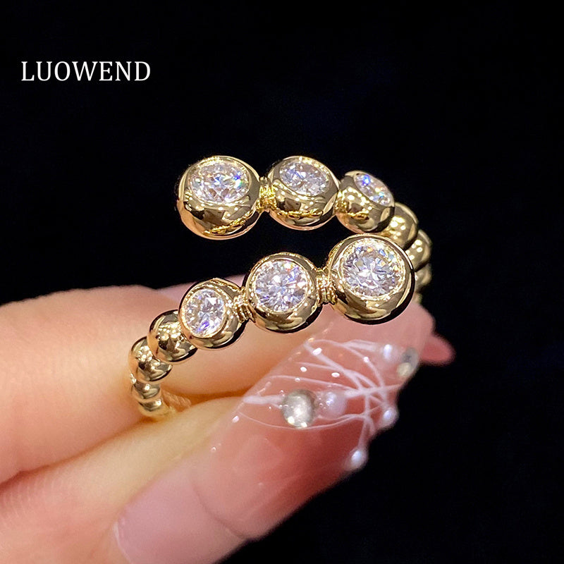 LUOWEND 18K Yellow Gold Real Natural Diamond Ring for Women