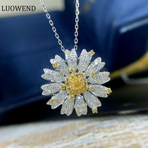 LUOWEND 18K White Gold Real Natural Yellow Diamond Pendant Necklace for Women