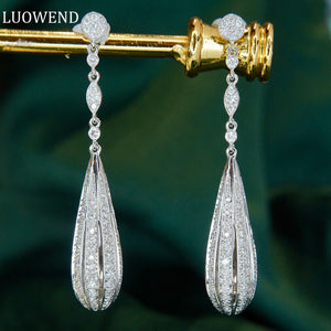 LUOWEND 18K White Gold Real Natural Diamond Drop Earrings for Women
