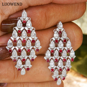 LUOWEND 18K White Gold Real Natural Ruby and Diamond Gemstone Earrings for Women