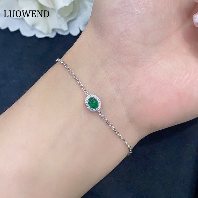 LUOWEND 18K White Gold Real Natural Emerald Gemstone Bracelet for Women