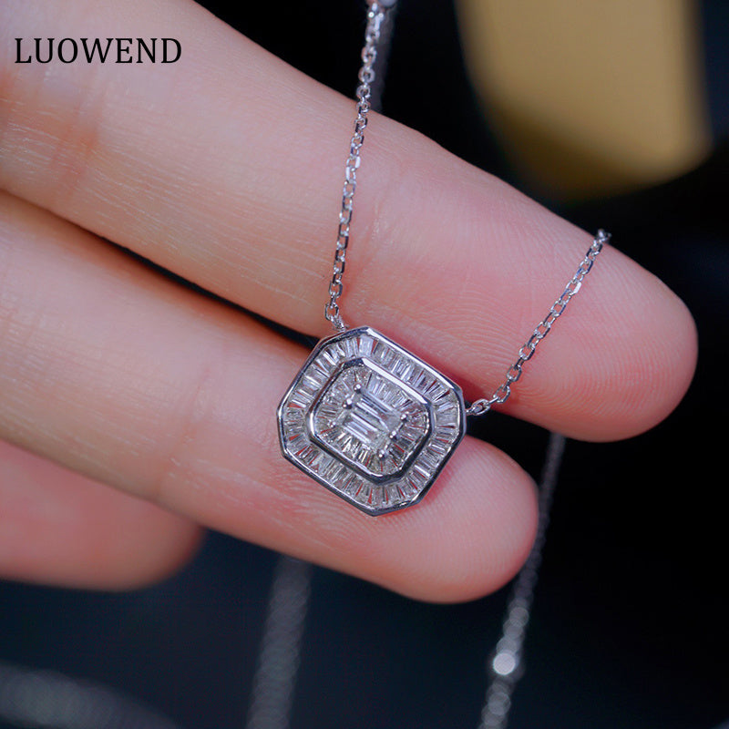 LUOWEND 18K White Gold Real Natural Diamond Pendant Necklace for Women