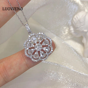 LUOWEND 18K White Gold Real Natural Diamond Pendant Necklace for Women