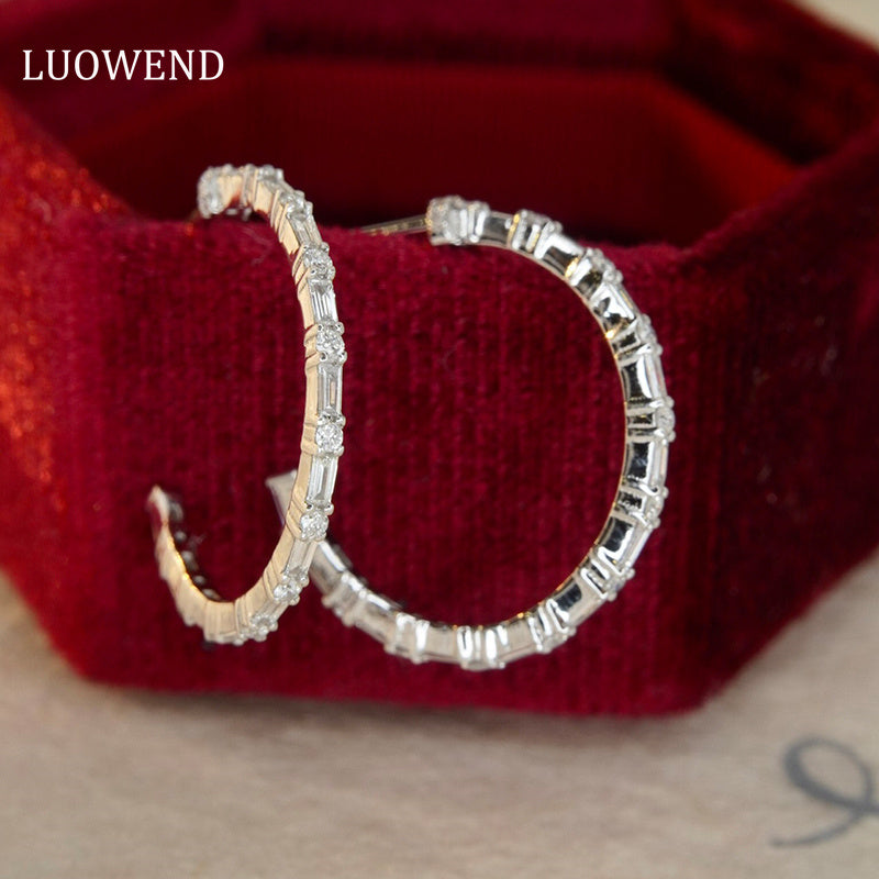 LUOWEND 18K White Gold Real Natural Diamond Hoop Earrings for Women