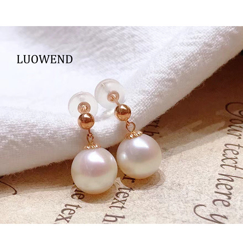 LUOWEND 18K Rose Gold Real Natural Pearl Earrings for Women
