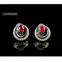 Load image into Gallery viewer, LUOWEND 18K White Gold Real Natural Ruby and Diamond Earrings for Women
