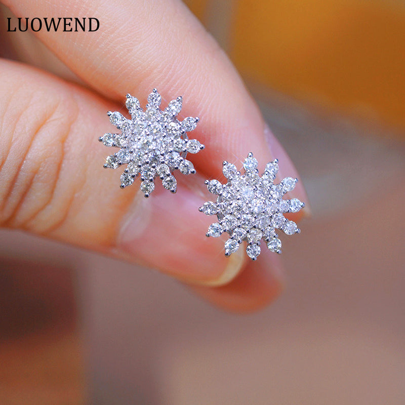 LUOWEND 18K White Gold Real Natural Diamond Stud Earrings for Women