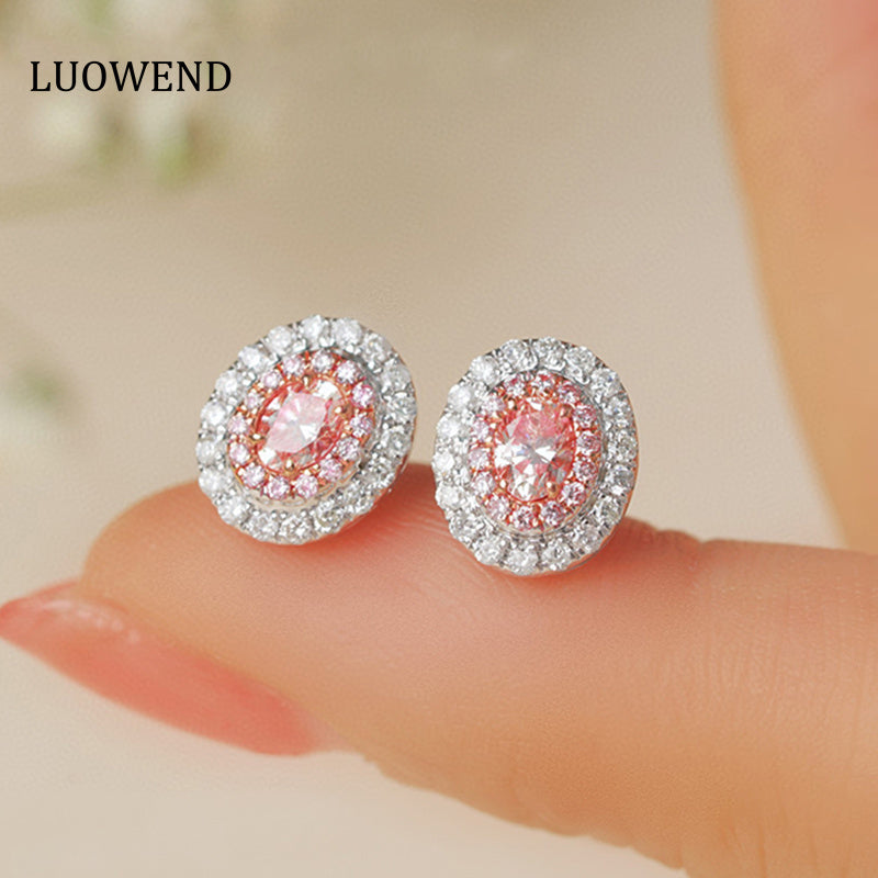 LUOWEND 18K White Gold Real Natural Pink Diamond Stud Earrings for Women
