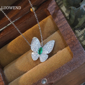 LUOWEND 18K White Gold Real Natural Emerald and Diamond Gemstone Necklace for Women