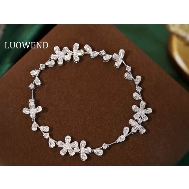 LUOWEND 18K White Gold Real Natural Diamond Bracelet for Women