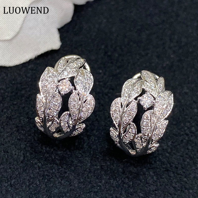 LUOWEND 18K White Gold Real Natural Diamond Hoop Earrings for Women