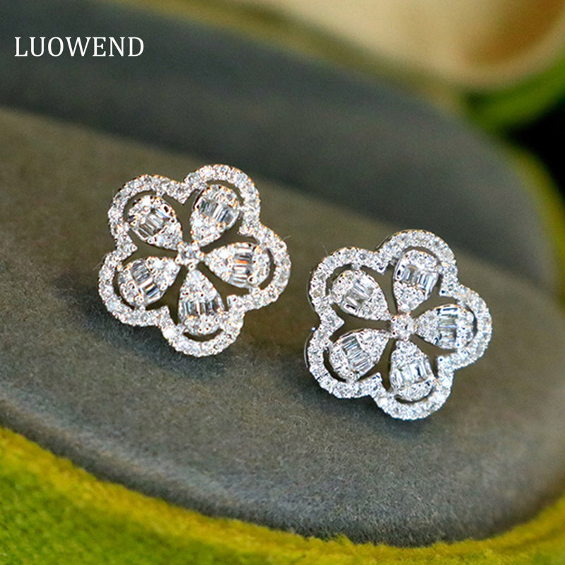 LUOWEND 18K White Gold Real Natural Diamond Stud Earrings for Women