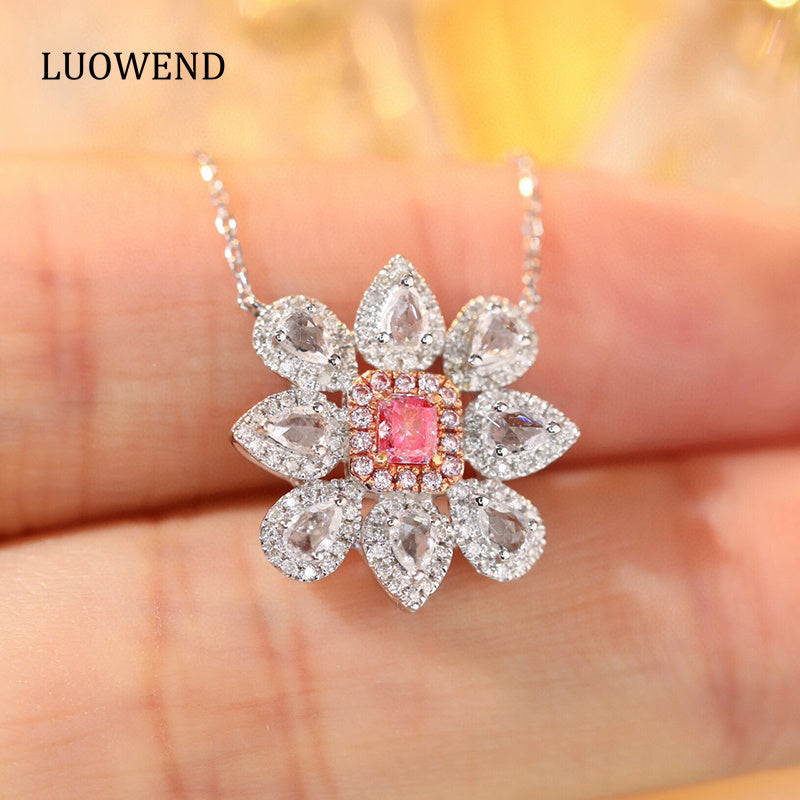 LUOWEND 18K White Gold Real Natural Pink Diamond Pendant Necklace for Women