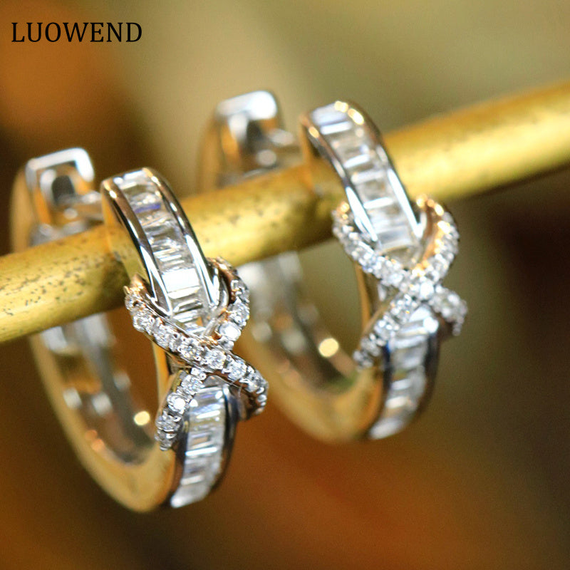LUOWEND 18K White or Yellow Gold Real Natural Diamond Hoop Earrings for Women