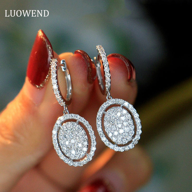 LUOWEND 18K White Gold Real Natural Diamond Hoop Earrings for Women