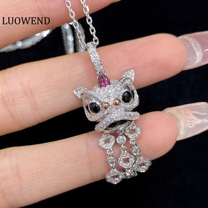 LUOWEND 18K White and Yellow Gold Real Natural Diamond and Ruby Necklace for Women