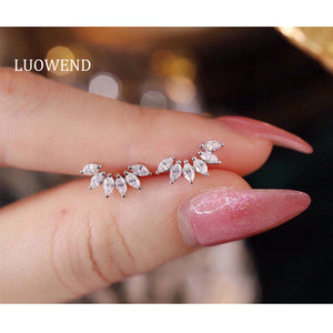 LUOWEND 18K White Gold Real Natural Diamond Stud Earrings for Women