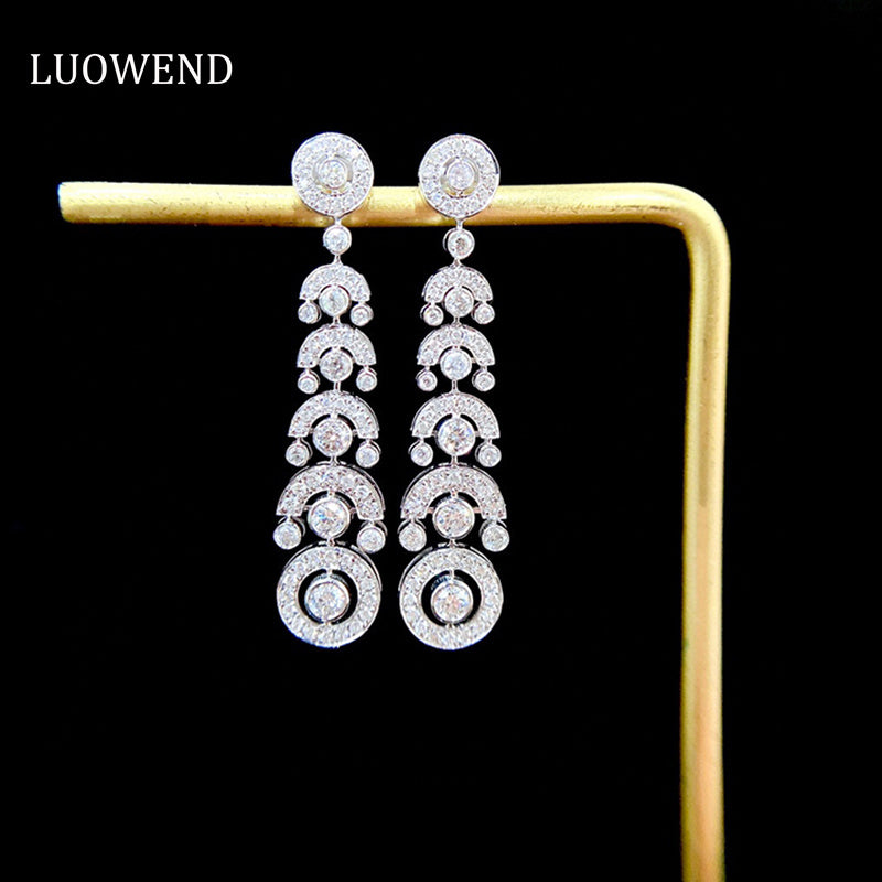 LUOWEND 18K White Gold Real Natural Diamond Drop Earrings for Women