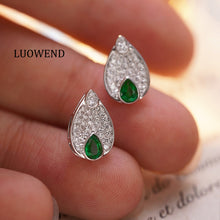 Load image into Gallery viewer, LUOWEND 18K White Gold Real Natural Diamond&amp;Emerald Earrings for Women
