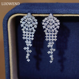LUOWEND 18K White Gold Real Natural Diamond Drop Earrings for Women