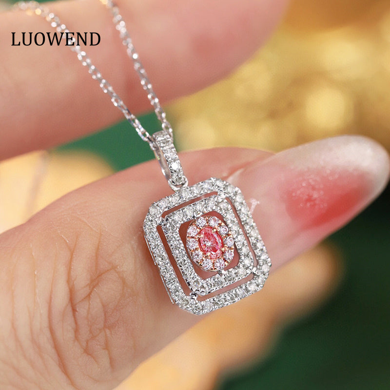 LUOWEND 18K White Gold Real Natural Pink Diamond Pendant Necklace for Women