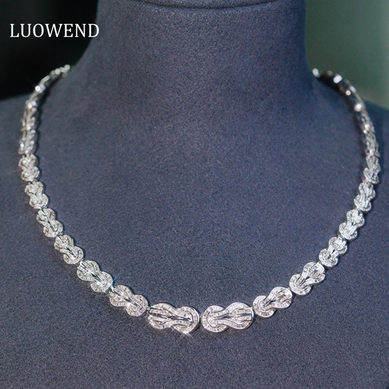LUOWEND 18K White Gold Real Natural Diamond Necklace for Women