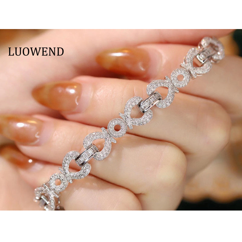 LUOWEND 18K White Gold Real Natural Diamond Bracelet for Women