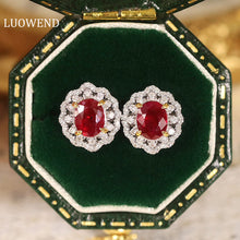 Load image into Gallery viewer, LUOWEND 18K White and Yellow Gold Real Natural Ruby and Diamond Earrings for Women
