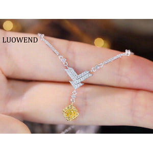 LUOWEND 18K White Gold Real Natural Yellow Diamond Necklace for Women