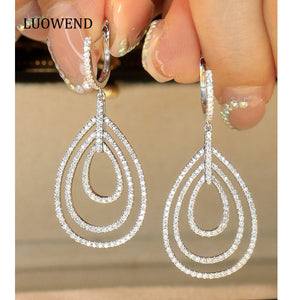 LUOWEND 18K White Gold Natural Diamond Drop Earrings for Women