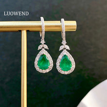 Load image into Gallery viewer, LUOWEND 18K White Gold Real Natural Diamond and Emerald Earrings for Women
