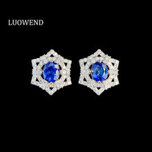 Load image into Gallery viewer, LUOWEND 18K White Gold Natural Diamond and Sapphire Earrings for Women
