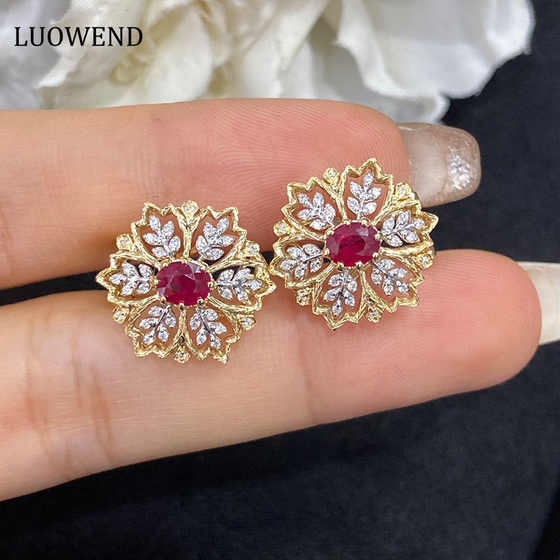 LUOWEND 18K White and Yellow Gold Real Natural Ruby Hoop Earrings for Women