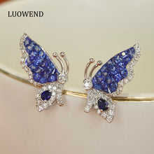 Load image into Gallery viewer, LUOWEND 18K White Gold Real Natural Diamond and Sapphire Earrings for Women
