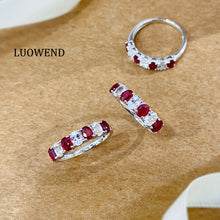 Load image into Gallery viewer, LUOWEND 18K White Gold Real Natural Aquamarine and Ruby Ring for Women
