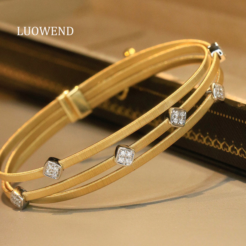 LUOWEND 18K Yellow Gold Real Natural Diamond Bangle for Women