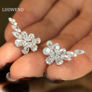 LUOWEND 18K White Gold Natural Diamond Earrings for Women