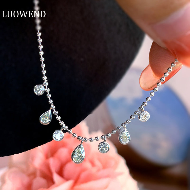 LUOWEND 18K White Gold Real Natural Diamond Necklace for Women
