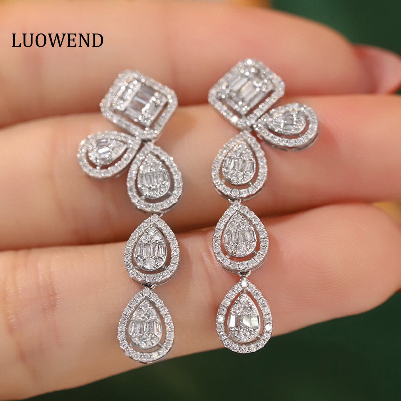 LUOWEND 18K White Gold Real Natural Diamond Drop Earrings for Women