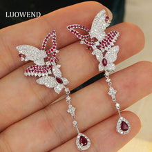 Load image into Gallery viewer, LUOWEND 18K White Gold Real Natural Diamond and Ruby Earrings for Women
